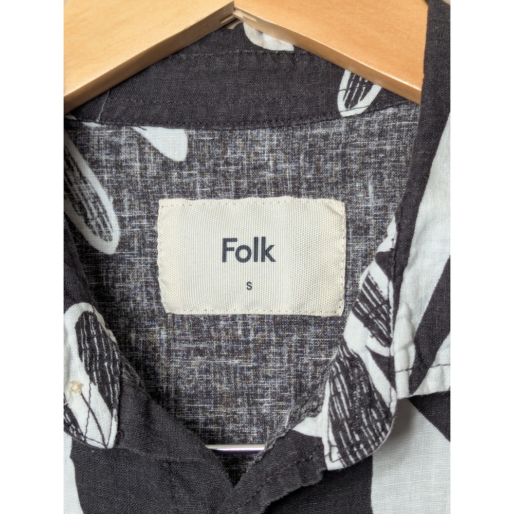 Folk Button Down Shirt Mens S Black White Abstract‎ Shell Print Linen Blend 2199 - Picture 4 of 15